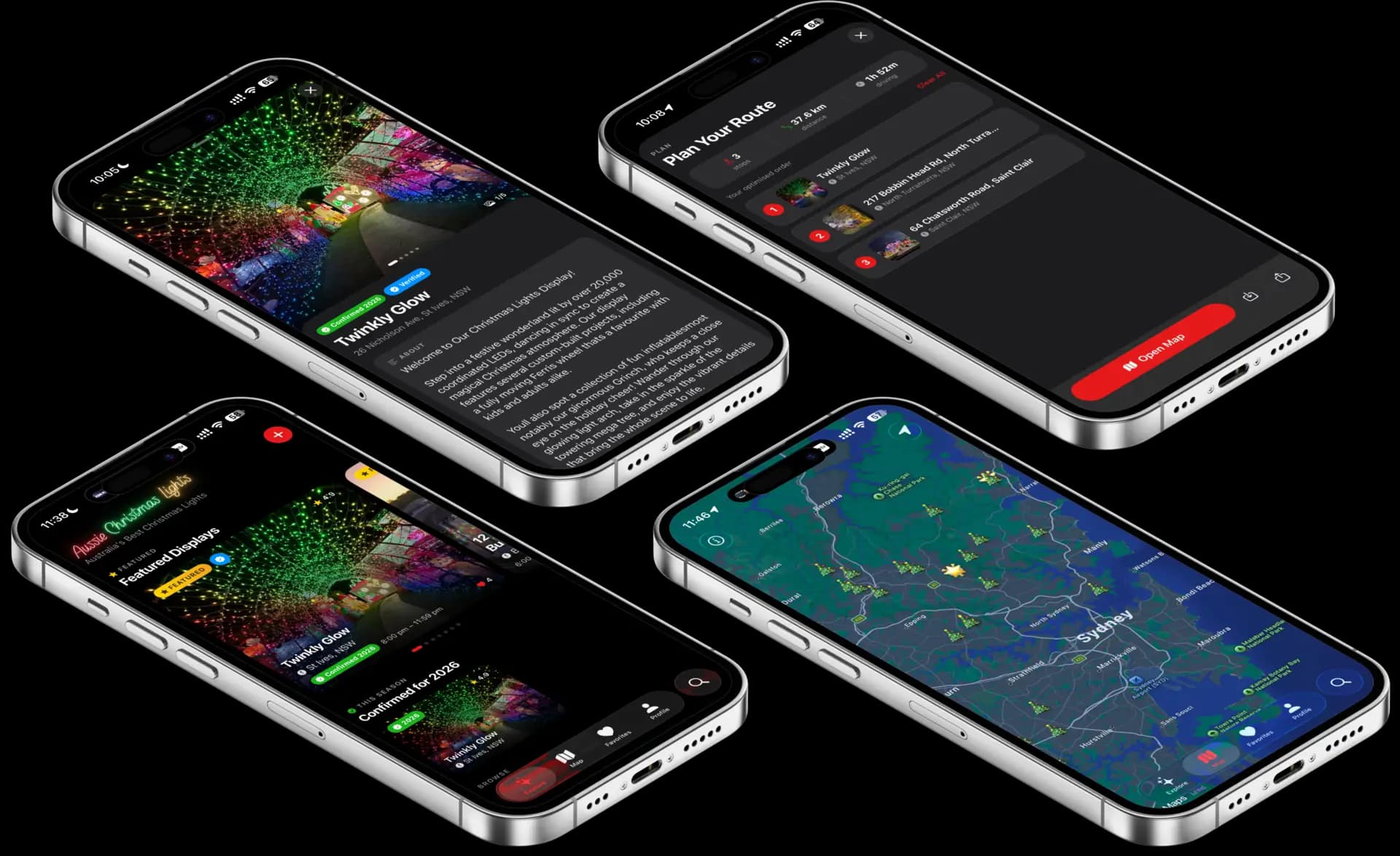 Aussie Christmas Lights app screenshots — display page, route planner, featured displays and map